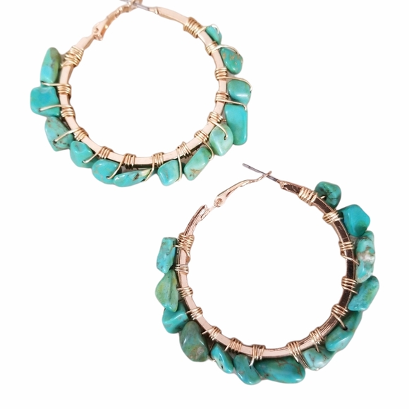Hand Crafted Boho Turquoise Nugget Wire Wrapped Hoop Earrings - Picture 11 of 14